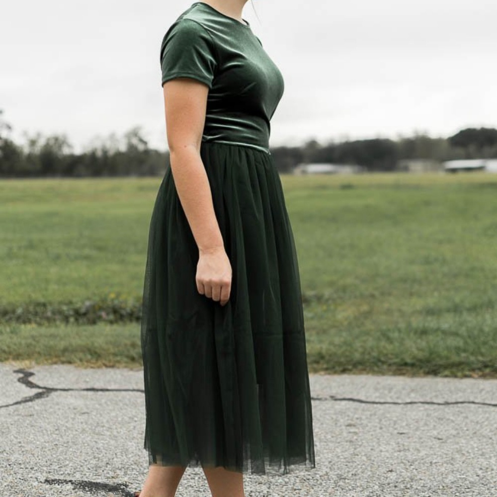 Velvet midi dress with tulle bodice